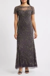 Pisarro Nights Beaded Floral Gown In Green