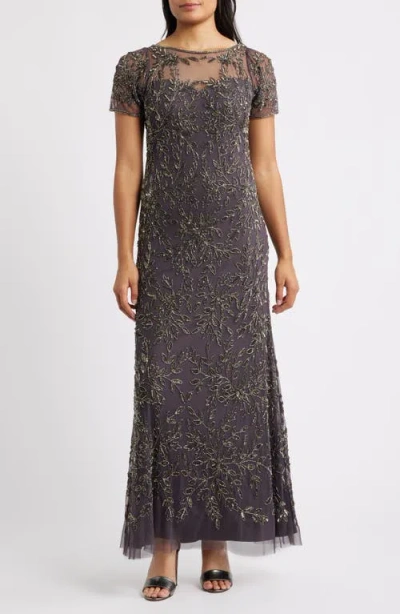 Pisarro Nights Beaded Floral Gown In Green