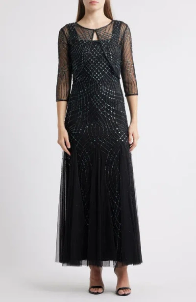 Pisarro Nights Beaded Gown With Long Sleeve Jacket In Black