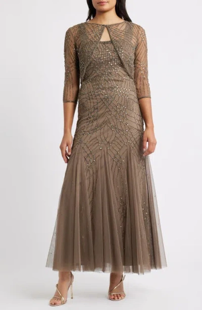 Pisarro Nights Beaded Gown With Long Sleeve Jacket In Neutral
