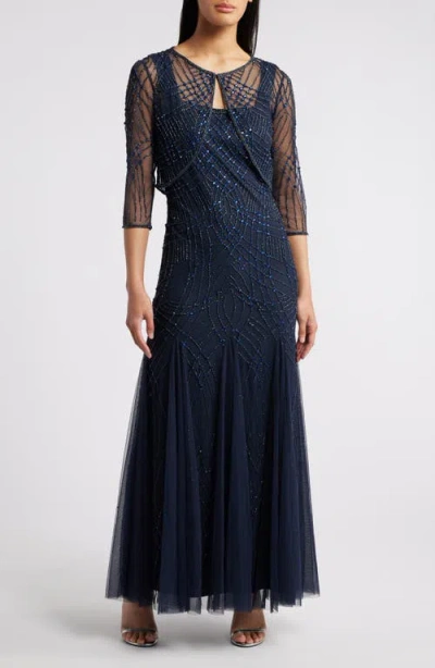 Pisarro Nights Beaded Gown With Long Sleeve Jacket In Navy