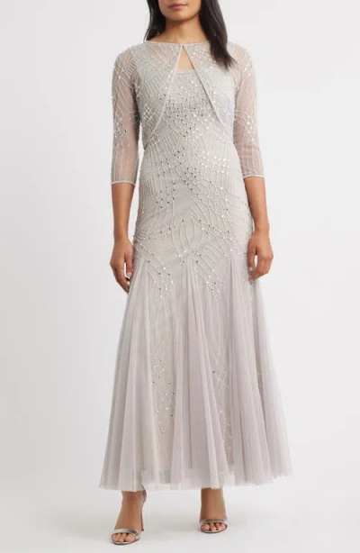 Pisarro Nights Beaded Gown With Long Sleeve Jacket In Silver