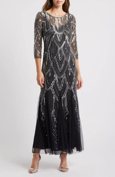 Pisarro Nights Beaded Illusion Neck Gown In Multi