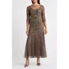 Pisarro Nights Beaded Illusion Neck Gown In Brown