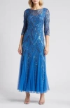 Pisarro Nights Beaded Illusion Neck Gown In Blue