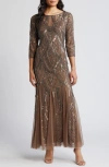 Pisarro Nights Beaded Illusion Neck Gown In Mocha