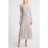 Pisarro Nights Beaded Illusion Neck Gown In Silver