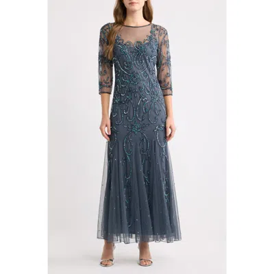 Pisarro Nights Beaded Illusion Neck Gown In Soft Grey