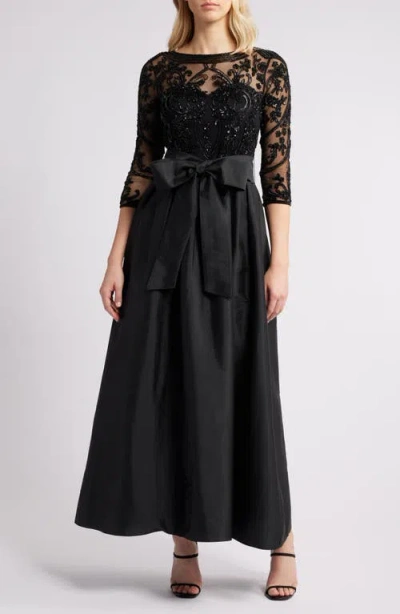 Pisarro Nights Beaded Illusion Neck Taffeta Cocktail Dress In Black 001
