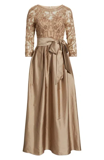 Pisarro Nights Beaded Illusion Neck Taffeta Cocktail Dress In Brown