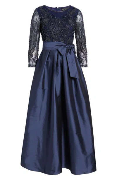 Pisarro Nights Beaded Long Sleeve Gown In Navy 410