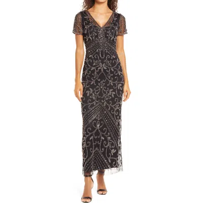 Pisarro Nights Beaded Mesh Column Gown In Black