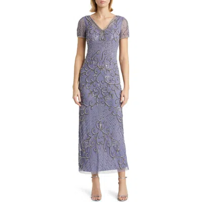 Pisarro Nights Beaded Mesh Column Gown In Blue