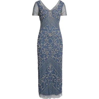 Pisarro Nights Beaded Mesh Column Gown In Grey 020