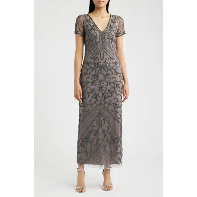 Pisarro Nights Beaded Mesh Column Gown In Smoke 021