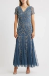 Pisarro Nights Beaded Mesh Gown In Blue