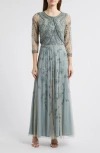 Pisarro Nights Beaded Mesh Gown With Jacket In Blue