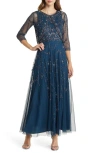 Pisarro Nights Beaded Mesh Gown With Jacket In Blue