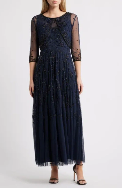 Pisarro Nights Beaded Mesh Gown With Jacket In Blue