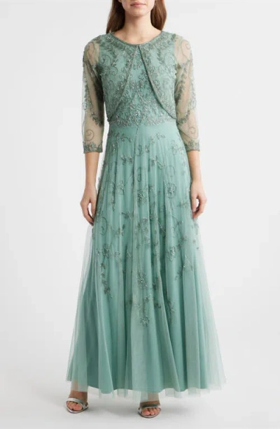 Pisarro Nights Beaded Mesh Gown With Jacket In Green
