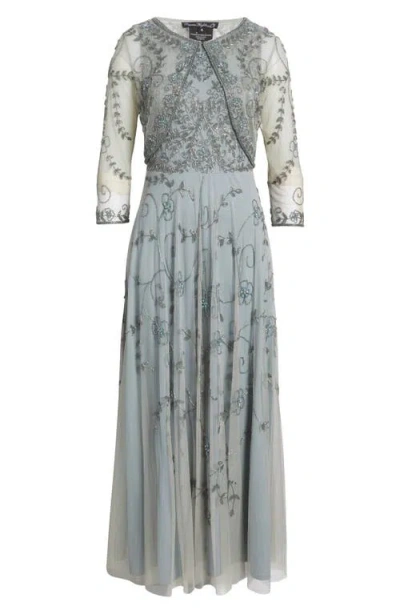 Pisarro Nights Beaded Mesh Gown With Jacket In Light Blue