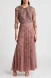 Pisarro Nights Beaded Mesh Gown With Jacket In Pink