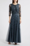 Pisarro Nights Beaded Mesh Gown With Jacket In New Steel