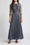 Pisarro Nights Embellished Cocktail Dress With Open Front Jacket In Smoke