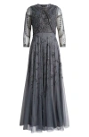 Pisarro Nights Beaded Mesh Gown With Jacket In Smoke