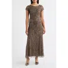 Pisarro Nights Beaded Mesh Midi Cocktail Dress In Brown