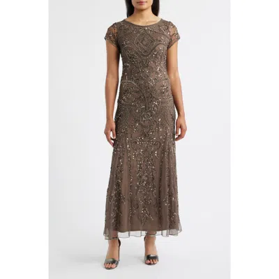 Pisarro Nights Beaded Mesh Midi Cocktail Dress In Brown