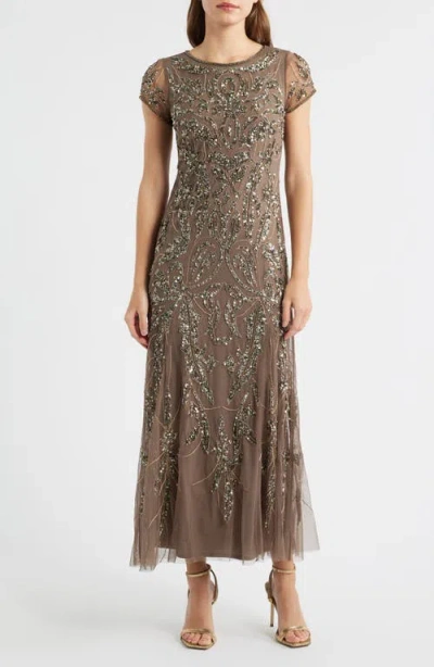 Pisarro Nights Beaded Mesh Midi Cocktail Dress In Brown
