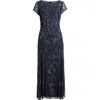 Pisarro Nights Beaded Mesh Midi Cocktail Dress In Deep Slate