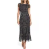 Pisarro Nights Beaded Mesh Midi Cocktail Dress In Gray