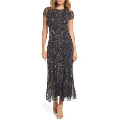 Pisarro Nights Beaded Mesh Midi Cocktail Dress In Gray