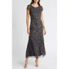 Pisarro Nights Beaded Mesh Midi Cocktail Dress In Gray