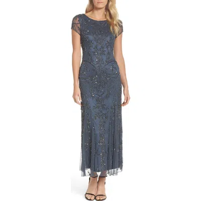 Pisarro Nights Beaded Mesh Midi Cocktail Dress In Grey