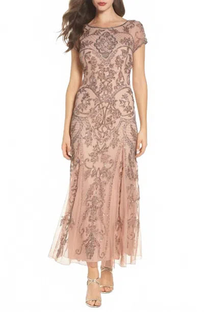 Pisarro Nights Beaded Mesh Midi Cocktail Dress In Blush In Gold