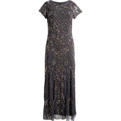 Pisarro Nights Beaded Mesh Midi Cocktail Dress In Jbs Grey