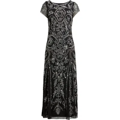 Pisarro Nights Beaded Mesh Midi Cocktail Dress In Black
