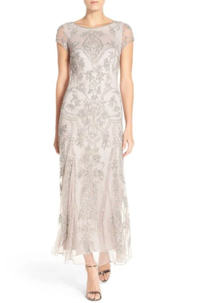 Pisarro Nights Beaded Mesh Midi Cocktail Dress In Silver