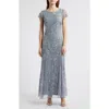 Pisarro Nights Beaded Mesh Midi Cocktail Dress In Soft Blue