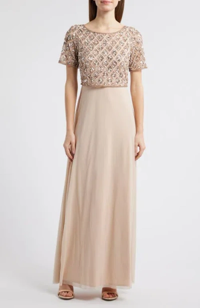 Pisarro Nights Beaded Mesh Mock Two-piece Evening Dress In New Peach