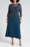 Pisarro Nights Beaded Mesh Mock Two-piece Gown In Sapphire