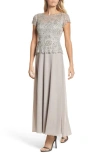 Pisarro Nights Beaded Mesh Mock Two-piece Gown In Gray