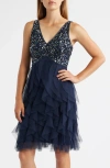 Pisarro Nights Beaded Ruffle Skirt Minidress In Blue