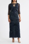 Pisarro Nights Beaded Sequin Embellished Mesh Column Gown With Jacket In Black