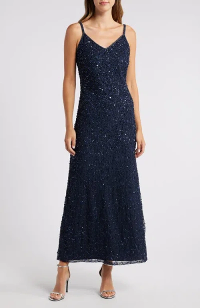 Pisarro Nights Beaded Sequin Gown With Bolero In Navy