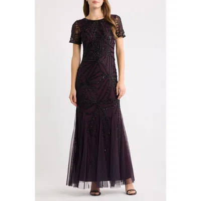 Pisarro Nights Beaded Short Sleeve Gown In Black