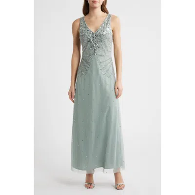 Pisarro Nights Beaded Sleeveless Chiffon Dress In Green